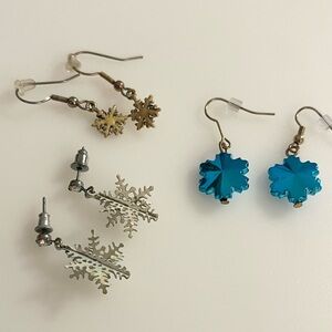 Lot 3 Vintage Christmas Earrings Snowflakes Gold Tone Silver Tone Blue Beaded